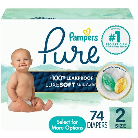 Pampers Pure Baby Diapers, Size 2 (12-18 lbs), 74, up to 100% Leakproof