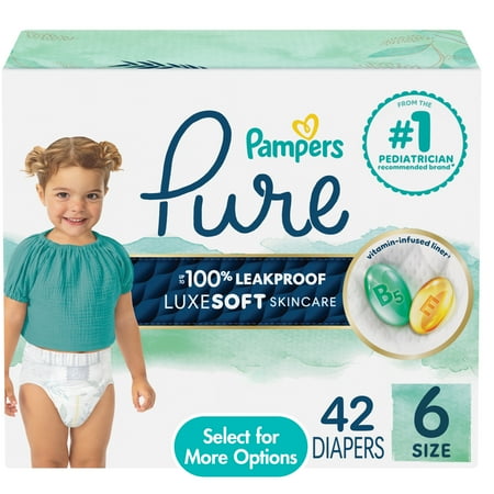 Pampers Pure Baby Diapers, Size 6 (35+ lbs), 42, up to 100% Leakproof