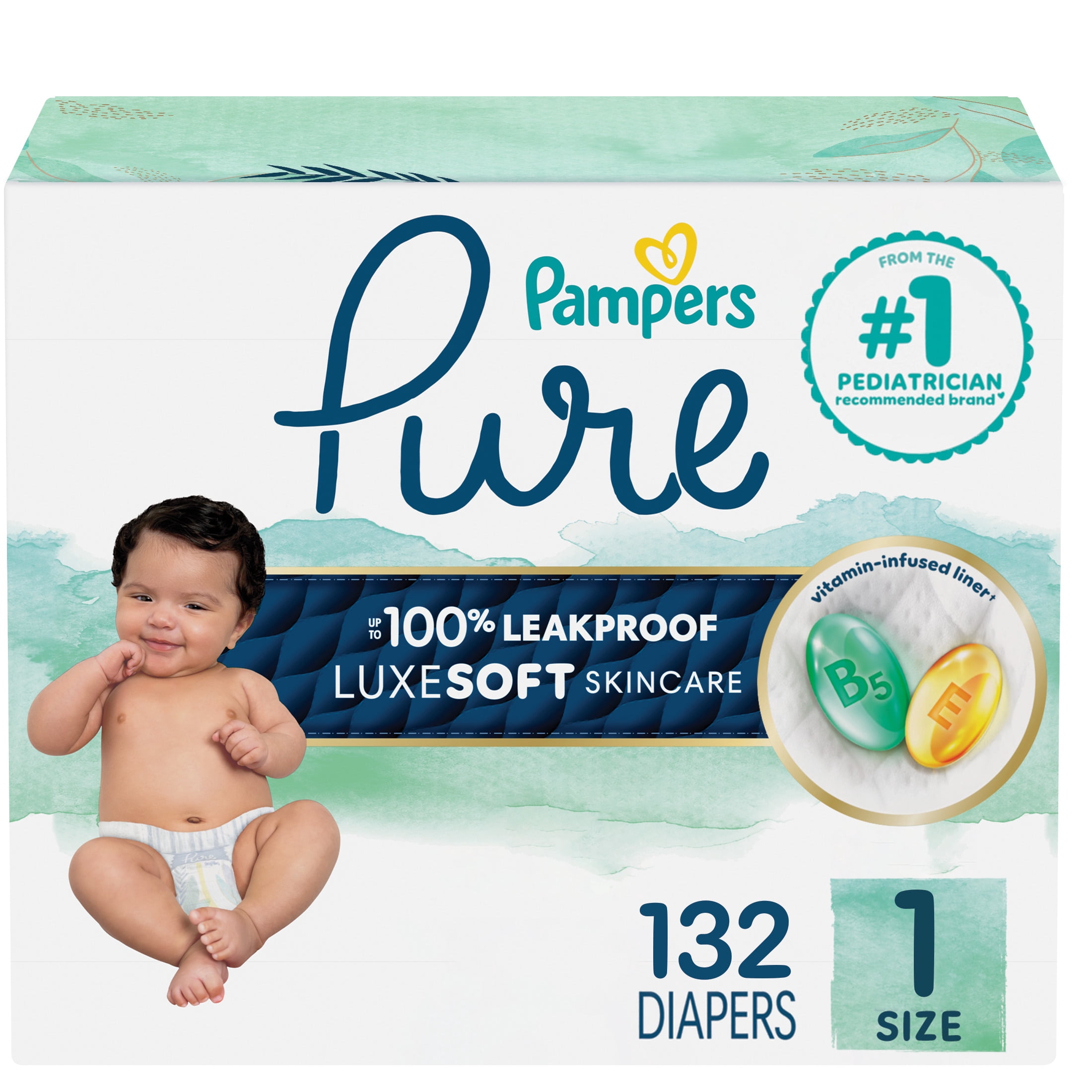 Pampers Pure Diapers Size 1, 132 Count with Wider Wetness