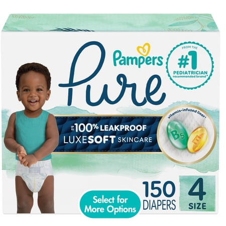 Pampers Pure Baby Diapers, Size 4 (22-37 lbs), 150, up to 100% Leakproof