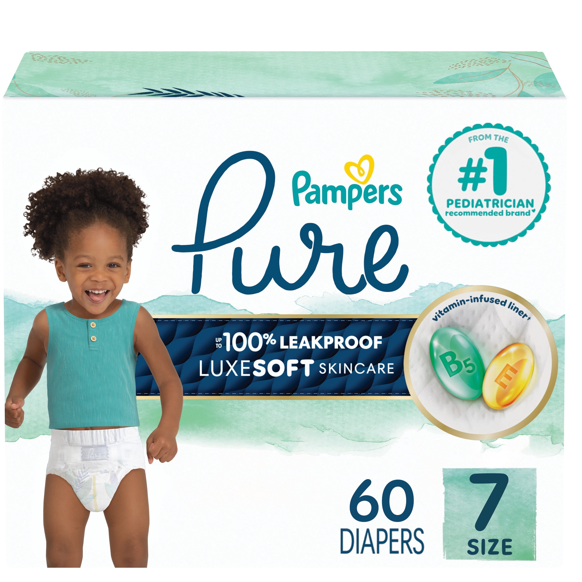 Pampers Pure Baby Diapers, Size 7 (41+ lbs), 60, up to 100% Leakproof