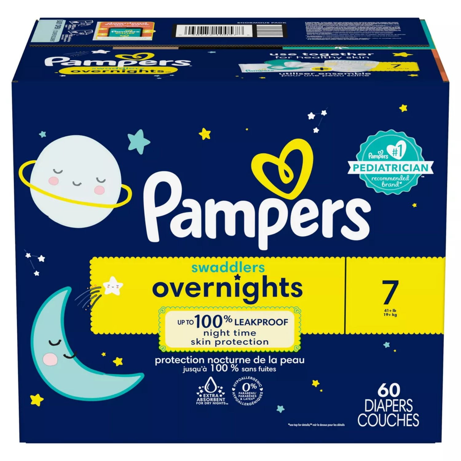 Pampers Swaddlers 60 Count Overnight Diapers, Size 7 ParabenFree