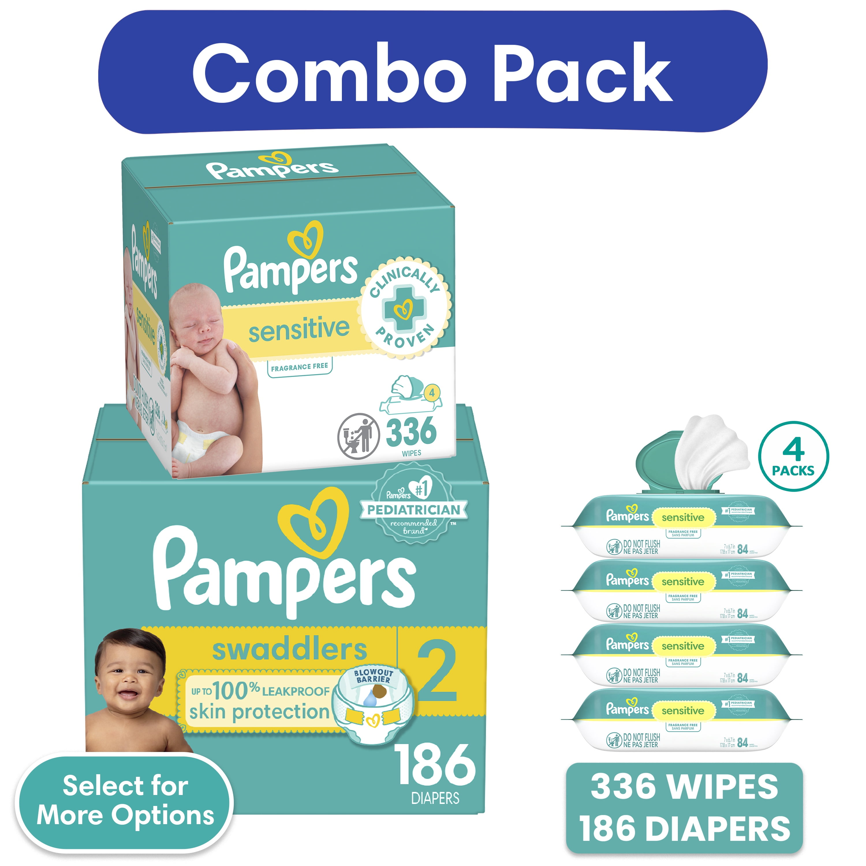 Walmart discounts of Pampers Swaddlers Diapers, Size 2, 186 Count and Pampers Sensitive Baby Wipes Unscented, 4 Pack, 336 Total Count