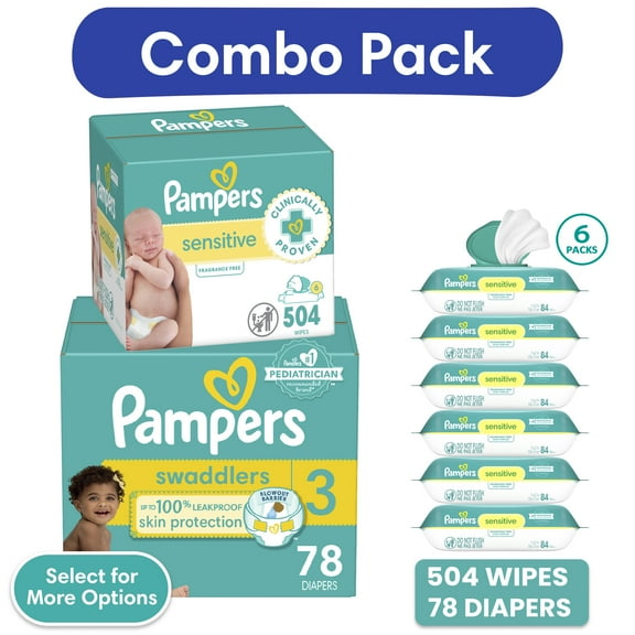 Pampers Swaddlers Diapers, Size 3, 78 Count and Pampers Sensitive Baby Wipes 6-Pack 504 Wipes (Select for More Options)