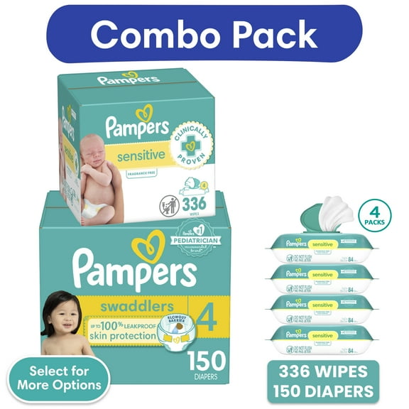 Pampers Swaddlers Diapers, Size 4, 150 Count and Pampers Sensitive Baby Wipes Unscented, 4 Pack, 336 Total Count