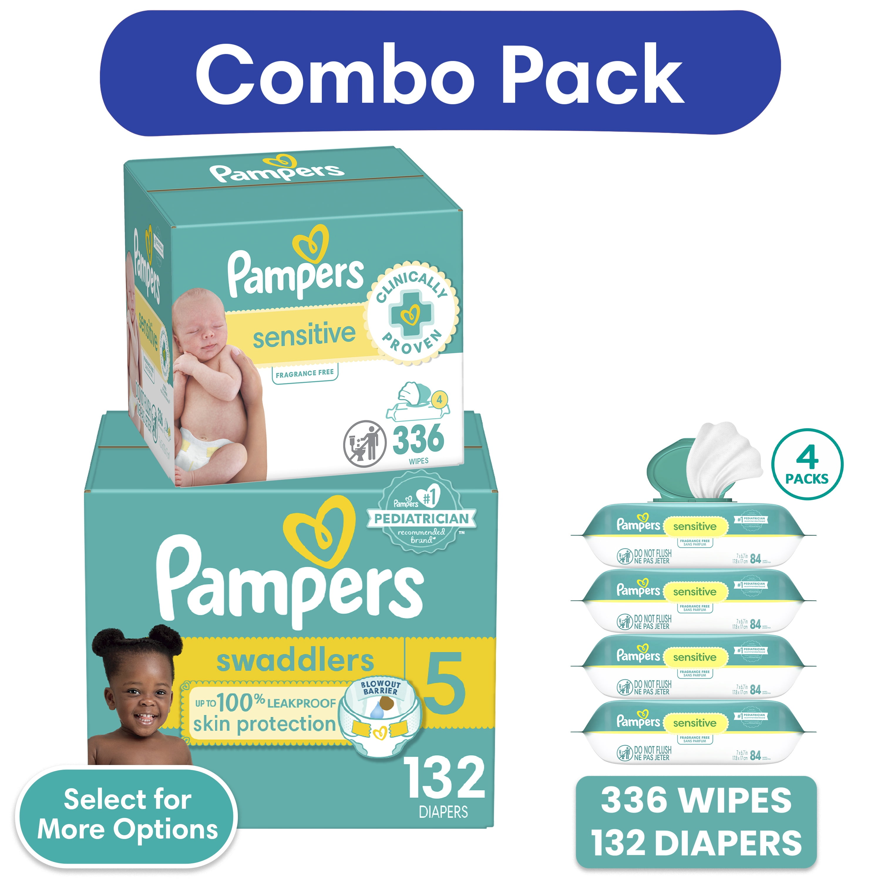 Walmart daily deals:  Pampers Swaddlers Diapers, Size 5, 132 Count and Pampers Sensitive Baby Wipes Unscented, 4 Pack, 336 Total Count