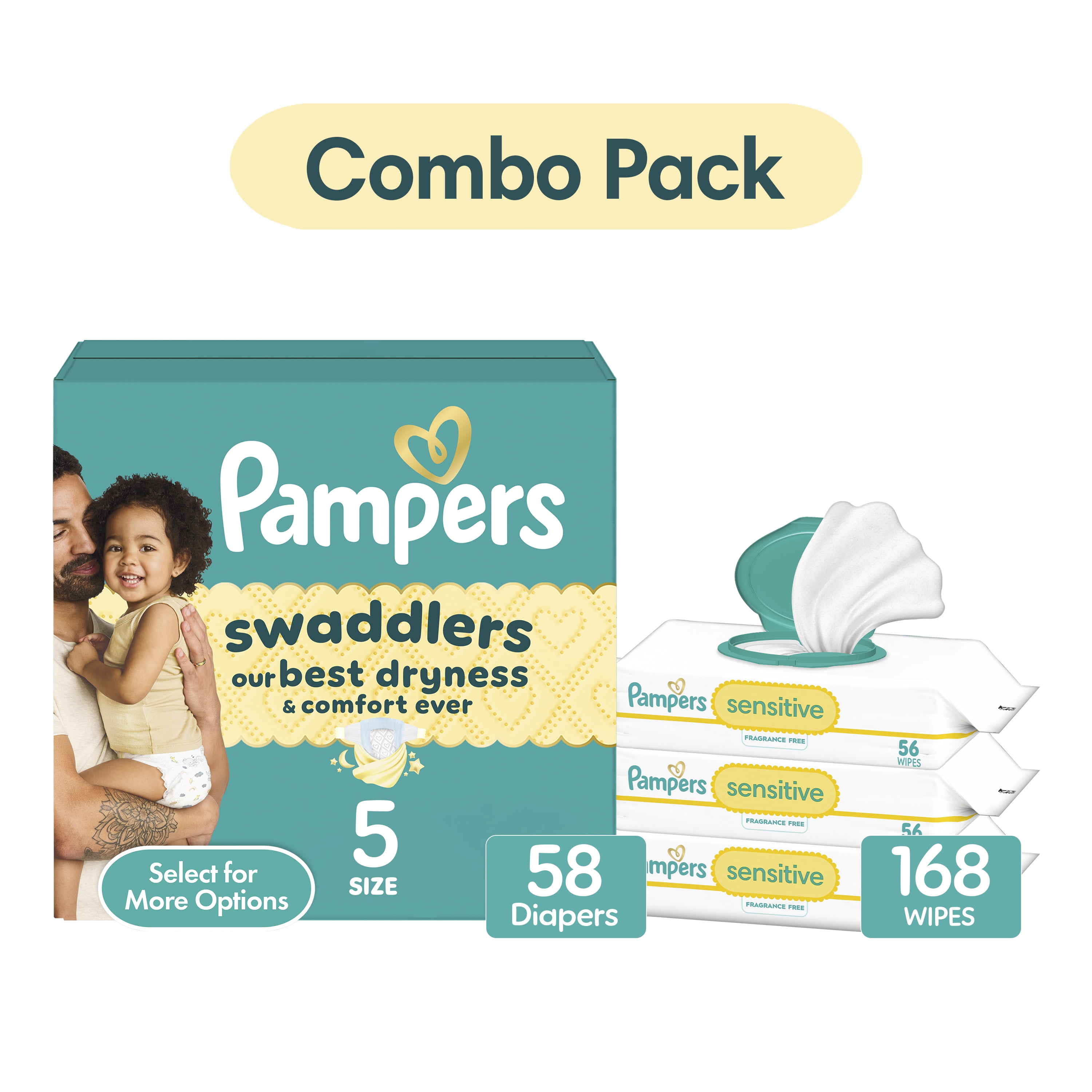 Pampers Swaddlers Diapers Size 5, 58 Count & Sensitive Wipes, 168 Count Bundle (Select for More Options)