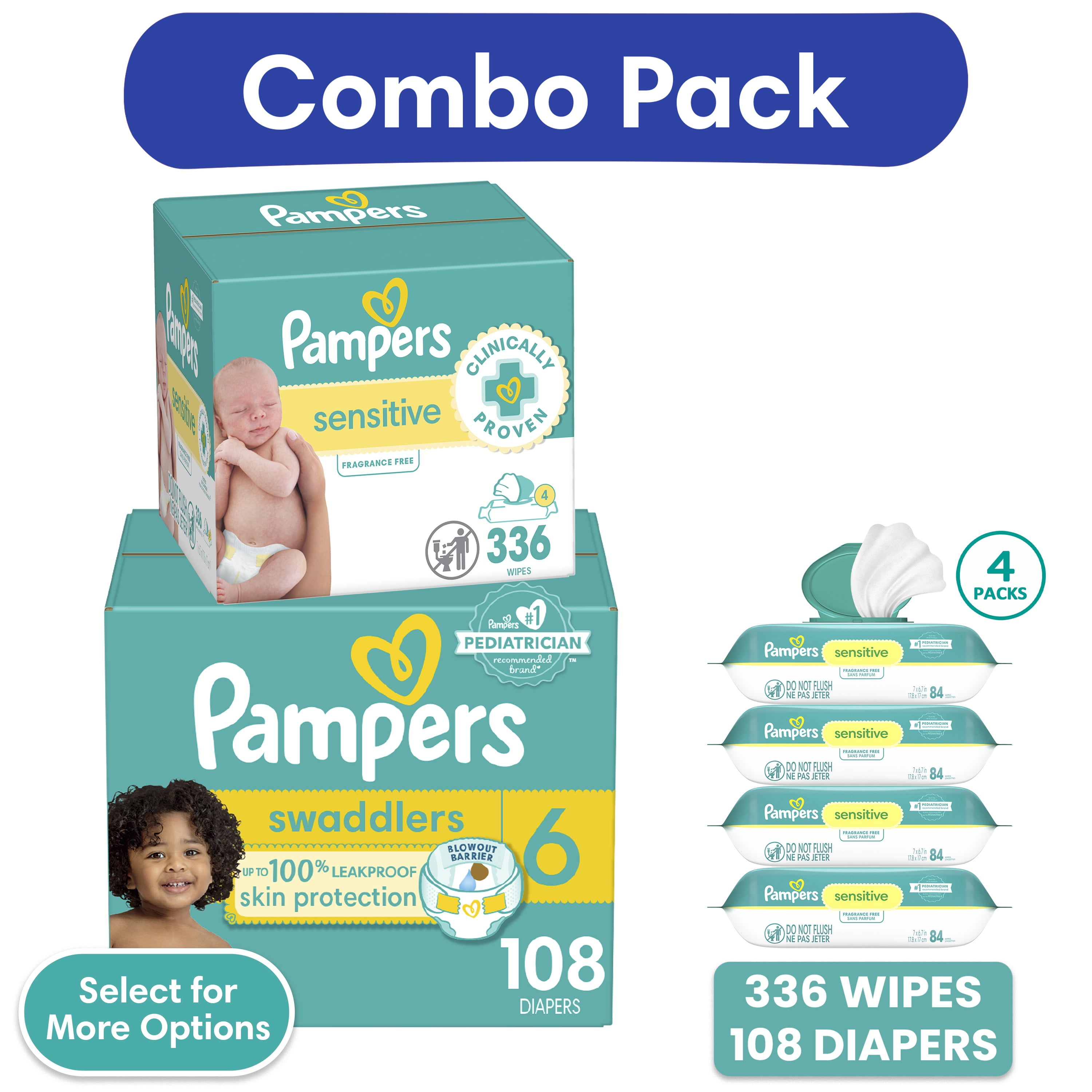 Pampers Swaddlers Diapers, Size 6, 108 Count and Pampers Sensitive Baby Wipes Unscented, 4 Pack, 336 Total Count