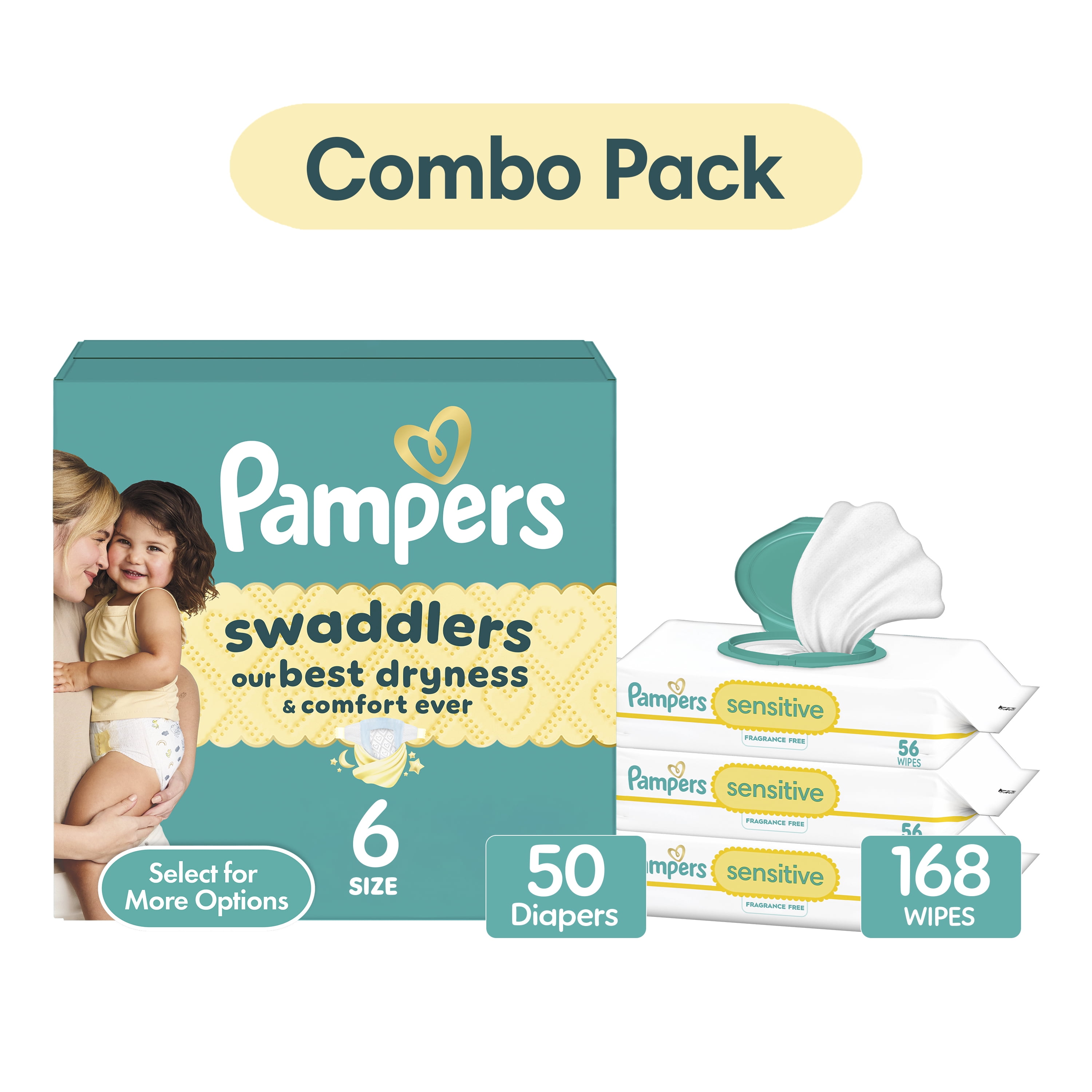 Pampers Swaddlers Diapers Size 6, 50 Count & Sensitive Wipes, 168 Count Bundle (Select for More Options)
