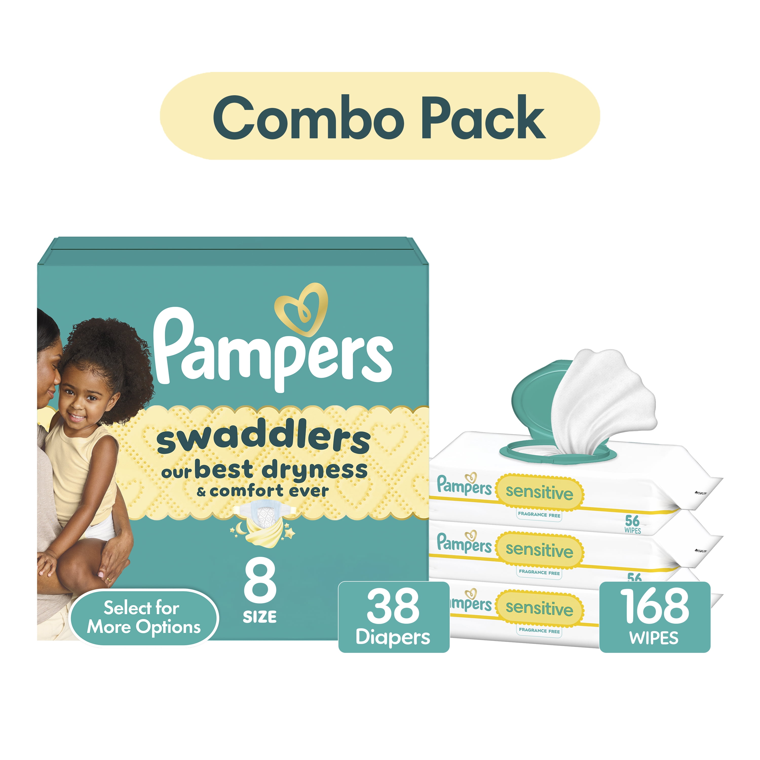 Pampers Swaddlers Diapers Size 8, 38 Count & Sensitive Wipes, 168 Count Bundle (Select for More Options)