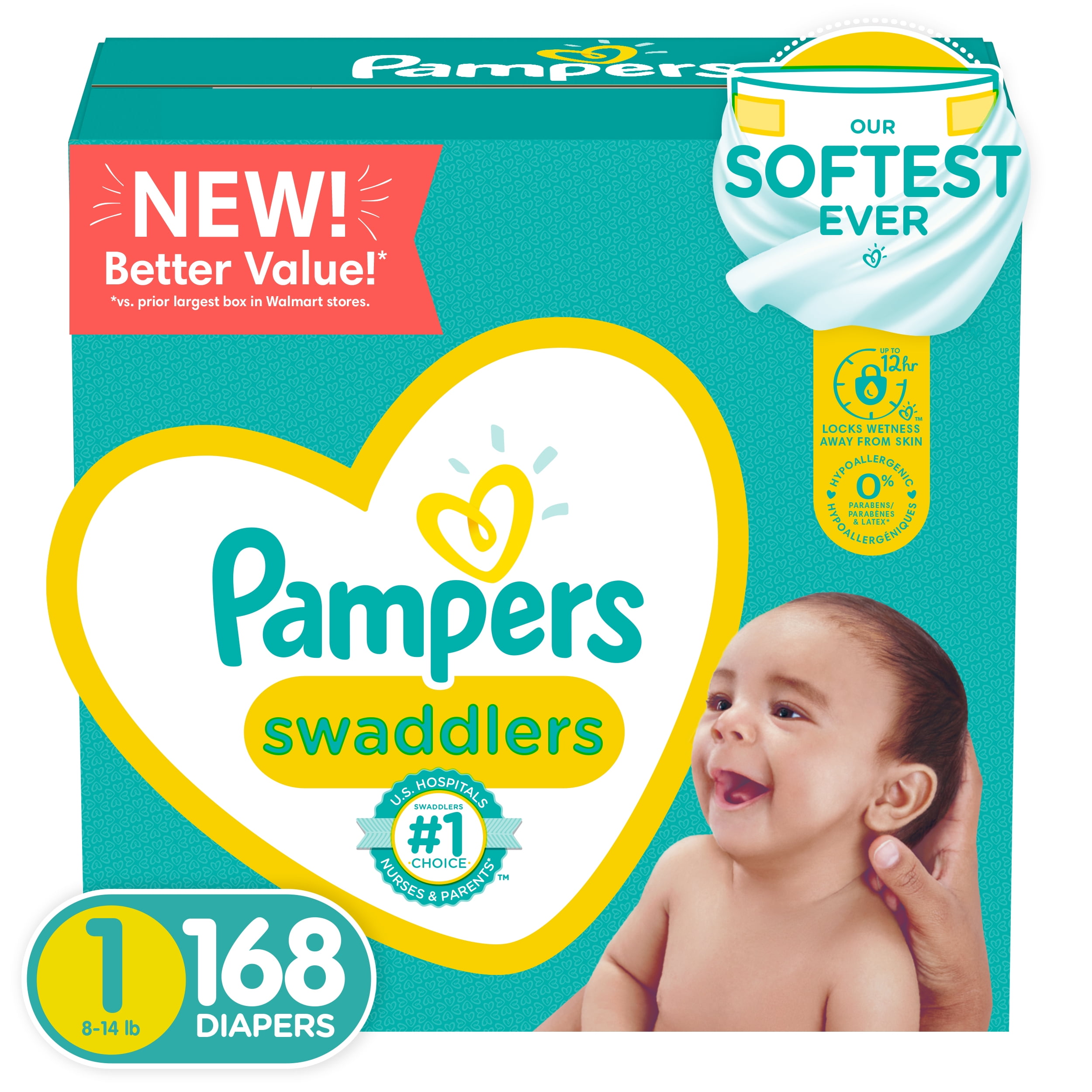 Pampers Swaddlers Newborn Diapers, Soft and Absorbent, Size 1, 168 Ct
