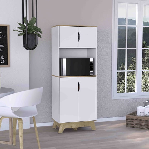 Pamplona Microwave Tall Cabinet Counter Surface,Top and Lower Double Doors Cabinets-Light Oak,White,Multicolor Particle Board Furniture Dining Servers Sideboards Buffets