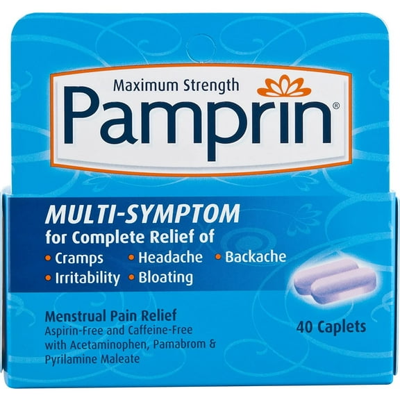 Pamprin Maximum Strength Multi-Symptom Menstrual Pain Relief Caplets, 40 Count Bottle, Child-Resistant Packaging, Three Active Ingredients