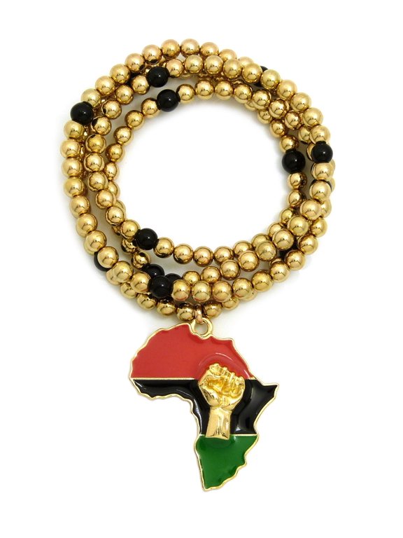 Pan Africa Continent Pendant with 6mm 30" CCB Bead Necklace, Gold-Tone/Power Fist on Pan Africa