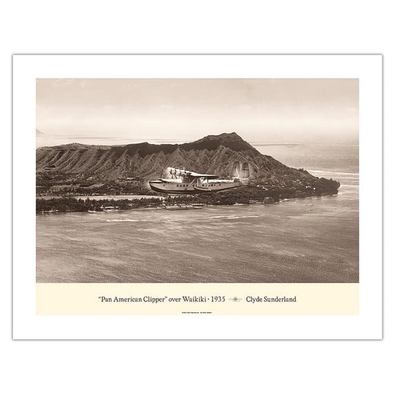 The Clipper (Sikorsky S-42) - Over Waikiki Hawaii 1935 - Vintage Aviation Poster by Clyde Sunderland - Bamboo Fine Art 290gsm Paper (Unframed) 17x22in