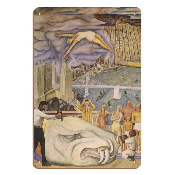 Pan American Unity Mural (Detail Panel 2 Top) - From an Original Color Mural by Diego Rivera c.1940 - 8 x 12 inch Vintage Wood Art Sign