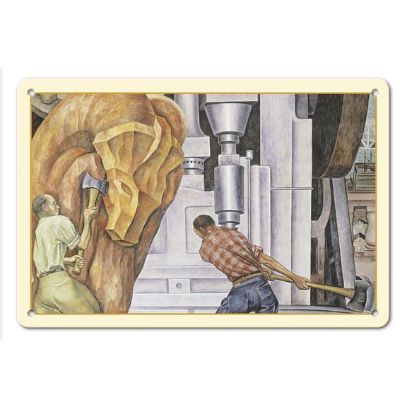 Pan American Unity Mural (Detail Panel 3 Middle) - From an Original Color Mural by Diego Rivera c.1940 - 8 x 12 inch Vintage Metal Tin Sign