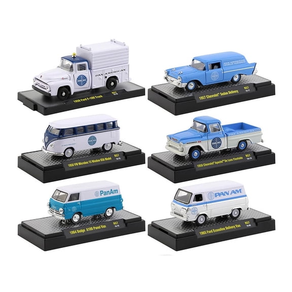 "Auto Trucks" Set of 6 pieces Release 57 "Pan American World Airways" (Pan Am) IN DISPLAY CASES 1/64 Diecast Model Cars by M2 Machines