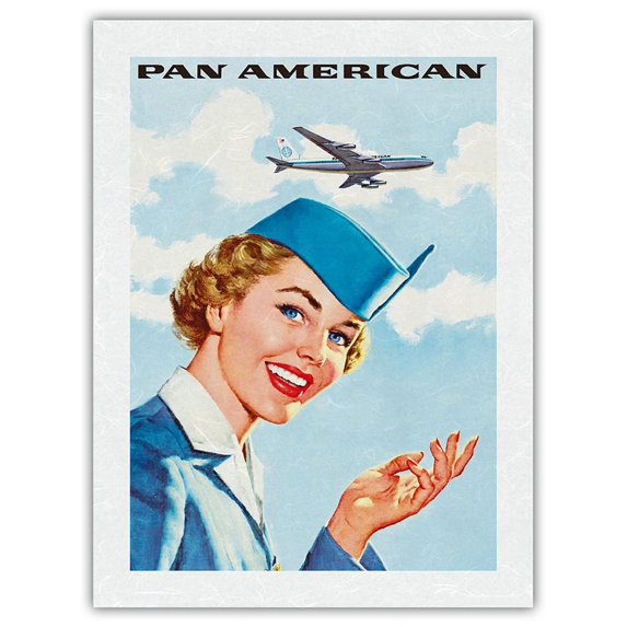 Pan American World Airways - Airline Stewardess - Vintage Airline Travel Poster c.1960s - Japanese Unryu Rice Paper Art Print 24 x 32 in