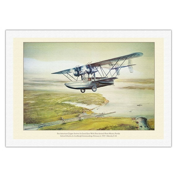 Pan American World Airways - Sikorsky S-38 - First Airmail Flight - Charles Lindbergh - Vintage Aviation Poster c.1929 - Fine Art Rolled Canvas Print 27in x 40in