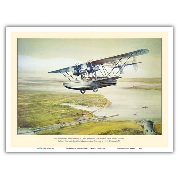 Pan American World Airways - Sikorsky S-38 - First Airmail Flight - Charles Lindbergh - Vintage Aviation Poster c.1929 - Master Art Print (Unframed) 9in x 12in