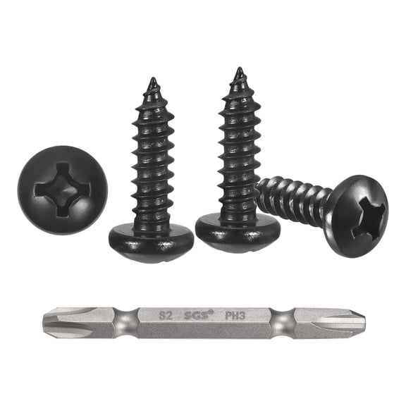 Pan Head Self Tapping Screws(#12x5/8") 100Pcs, 304 Stainless Steel Self Drilling Screw for Metal Wood Plastic with Bit, for Cabinet Wall Shutter Plate Rock Furniture, Black