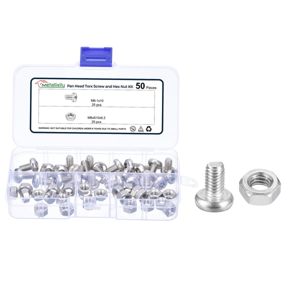 Pan Head Torx Security Screws Bolts (M6-1x10mm) 25Pcs, Button Torx Head Machine Screws 304 Stainless Steel with Hex Nuts - for Furniture Woodworking Project, Silver Tone