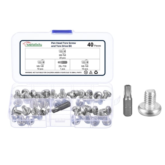 Pan Head Torx Security Screws Bolts (M8-1.25x30mm) 15Pcs, Button Torx Head Machine Screws 304 Stainless steel with One Bit - for Furniture Woodworking Project, Silver Tone