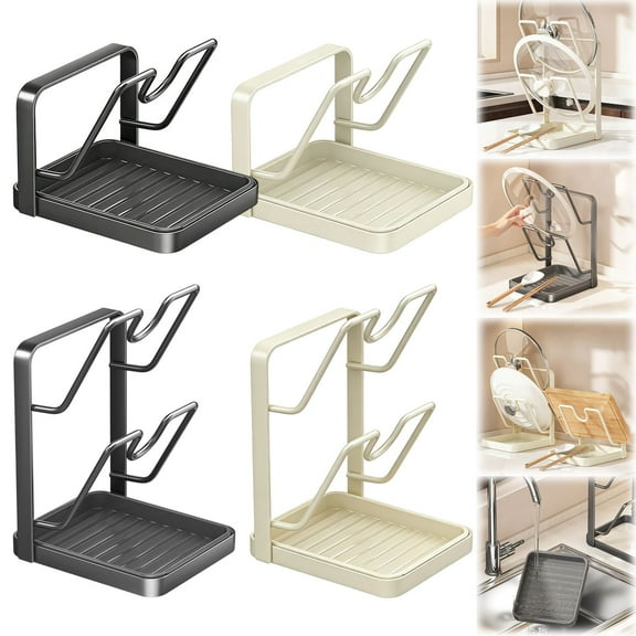 Pan Lid Organizer，Lid Holder ，Kitchen Pot Lid Storage Rack, Multifunctional Stainless Steel Pot With Removable Drip Tray, Two-Compartment Spatula Holder For Counter Stove Top Kitchen Accessories