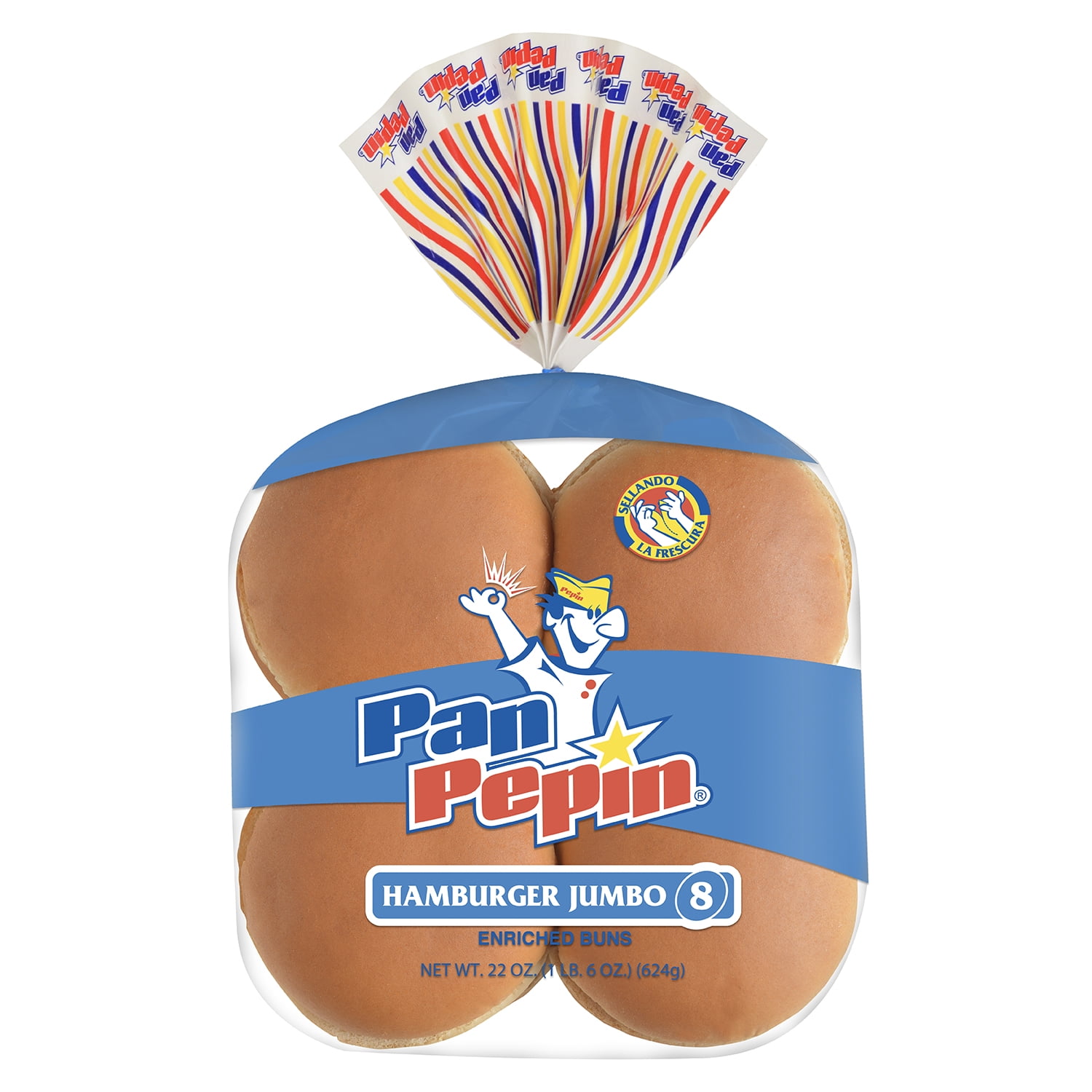 Pan Pepin, Jumbo Hamburger Buns Plain, 22 oz, 8 Count, Shelf Stable