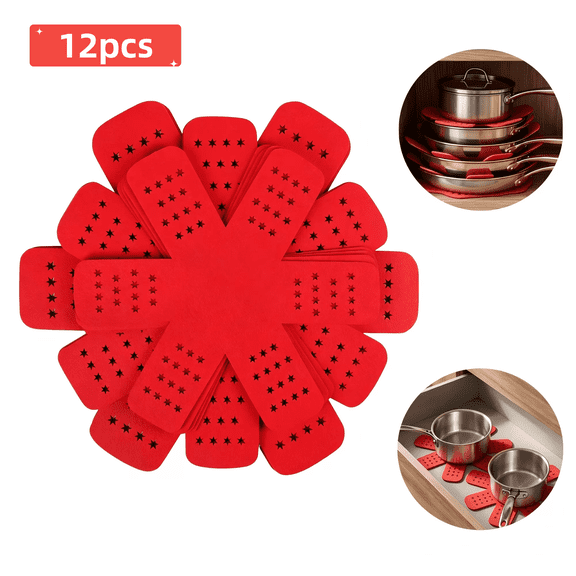 Pan Pot Protectors, Larger & Thicker Pan Protector with Stars, Set of 12 and 3 Different Sizes, Red Pot Divider Pads for Protecting and Separating Your Cookware