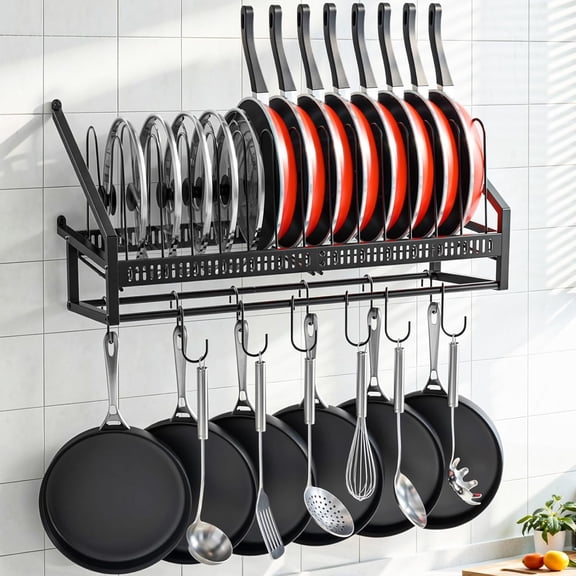 Pan Rack Wall Mounted, 24.8" Vertical Lid Organizer with 14 Adjustable Dividers, Heavy Duty Hanging Cookware Holder Hanger with 6 S-Hooks & 6 Vertical Hooks