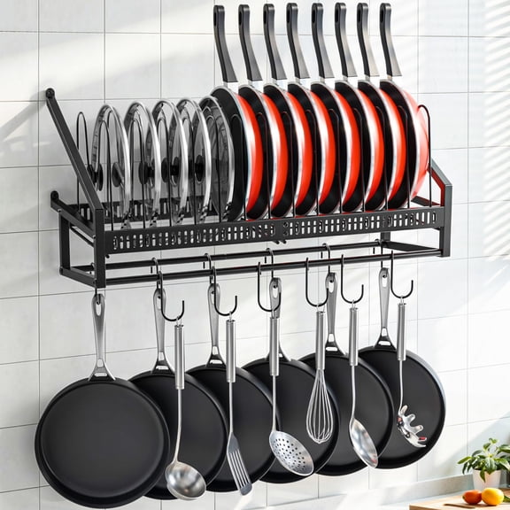 Pan Rack Wall Mounted 24.8" Vertical Lid Organizer With 14 Adjustable Dividers Heavy Duty Hanging Cookware Holder Hanger 6 S-hooks & 6 Hooks