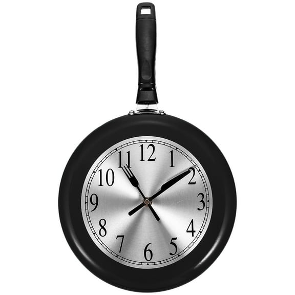 ifundom Elegant Black Stainless Steel Wall Clock in Frying Pan Shape, 17x10in, Unique Kitchen Decor, 1 Set