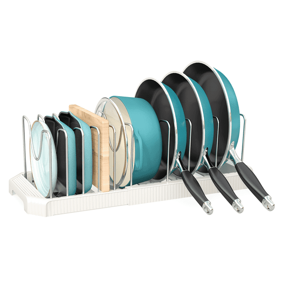 Pan and Pot Organizer, Mudeela Expandable Pot and Pan Organizer Rack for Cabinet, Heavy Duty Pot Rack for Kitchen Organizers and Storage Holder with 10 Dividers