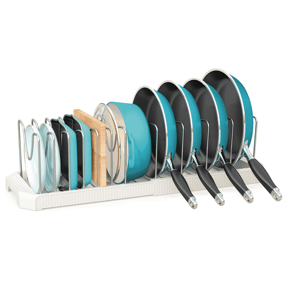 ORDORA Expandable Pan Organizer with 12 Adjustable Shelves, Multifunctional Pots and Pans Organizer Rack for Kitchen Cabinets, Stainless Steel Pot Rack Lid Holder, White