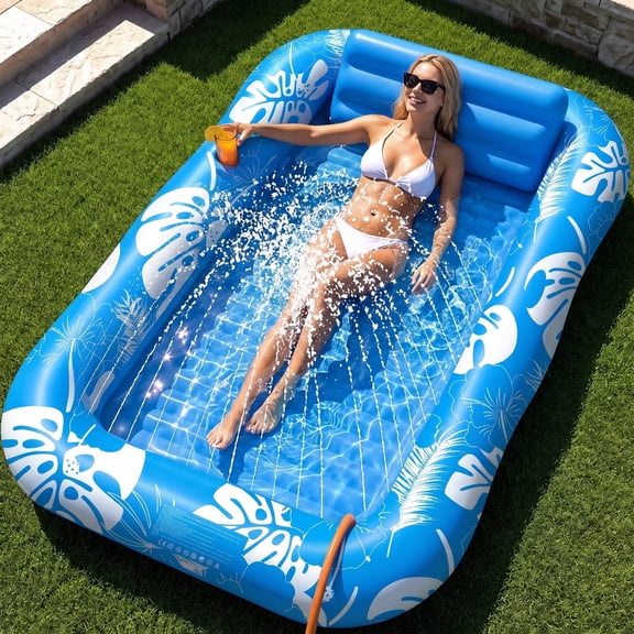 PanAdventure Inflatable Tanning Pool Float for Adults with Sprinkler, Pillow & Cup Holder, 77" x 48" Oversized Pool Lounger for Backyard, Pool & Beach, Blue