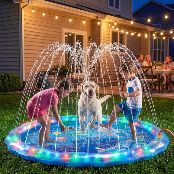 PanAdventure 1-Piece 60" LED Splash Pad Sprinkler, Light up Non-Slip Outdoor Water Play Mat with Remote Control for Kids & Dogs, Backyard Summer Toy, Blue