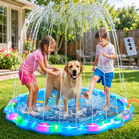 PanAdventure 1-Piece 60" LED Splash Pad Sprinkler, Light up Non-Slip Outdoor Water Play Mat with Remote Control for Kids & Dogs, Backyard Summer Toy, Blue