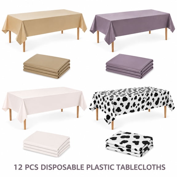 PanJoidys 12 Pack Plastic Tablecloth Disposable Rectangle Tablecovers 54 x 108 Inch Cow Print Beige for Birthday Party Dining Room