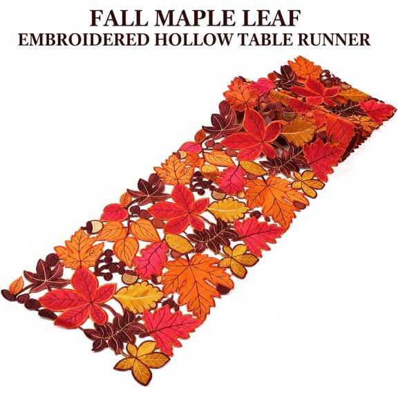 PanJoidys 13x70 Inches Embroidered Table Runner with Cutout Maple Leaf and Acorn Pattern Fall Autumn Thanksgiving Farmhouse Polyester Table Decor