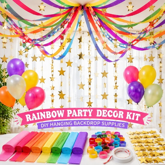 PanJoidys 4Pc Rainbow Paper Garland Kit with Star Shaped Hanging Decor Crepe Streamers and Chain Links for Birthday Party Ceiling Wall Decoration