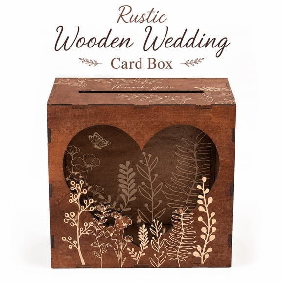 PanJoidys Wooden Wedding Card Box with Slot, Rustic Heart Laser Engraved Thank You Card Box for Wedding Reception Bridal Shower Honeymoon Gift