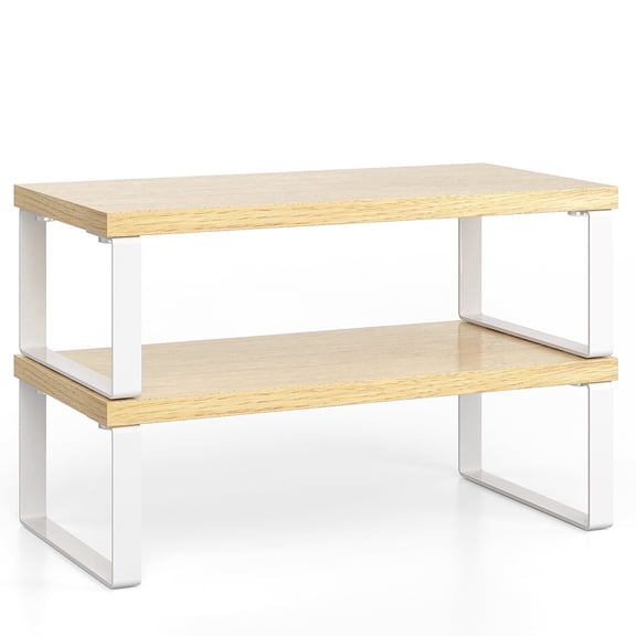 Delamu Cabinet Organizer Shelf, 2 Pack Kitchen Counter Shelves, Stackable Kitchen Storage, Spice Rack, Metal and Engineered Wood, Log color