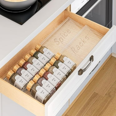 LAMU Spice Drawer Organizer, 2 Tier Expandable from 11" to 22" Seasoning Rack Tray Insert for Kitchen Drawers, Spice Rack Tray for Countertop, Transparent