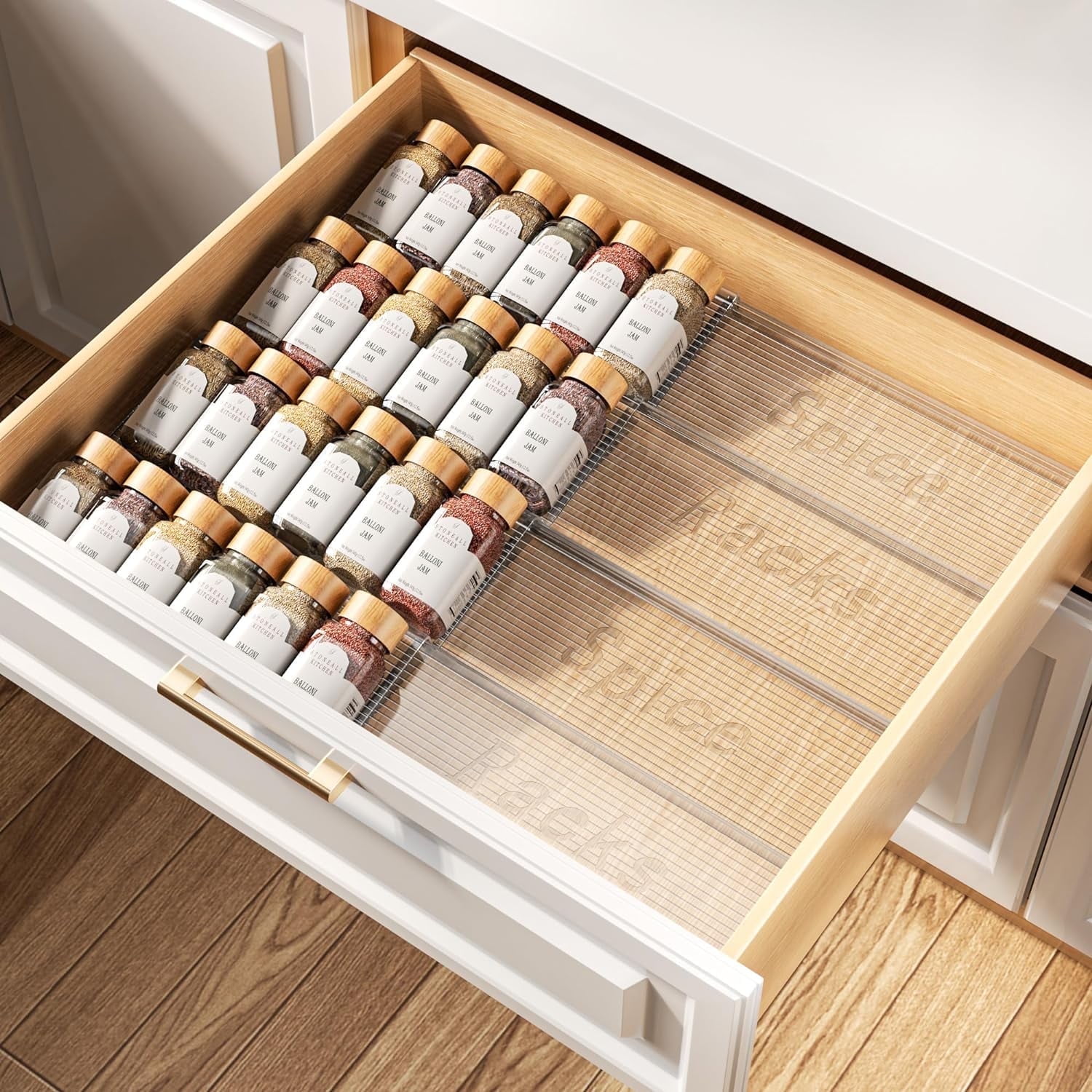 4 Pack- Spice Drawer Organizer, 2 Tier Expandable from 11" to 22" Seasoning Rack Tray Insert