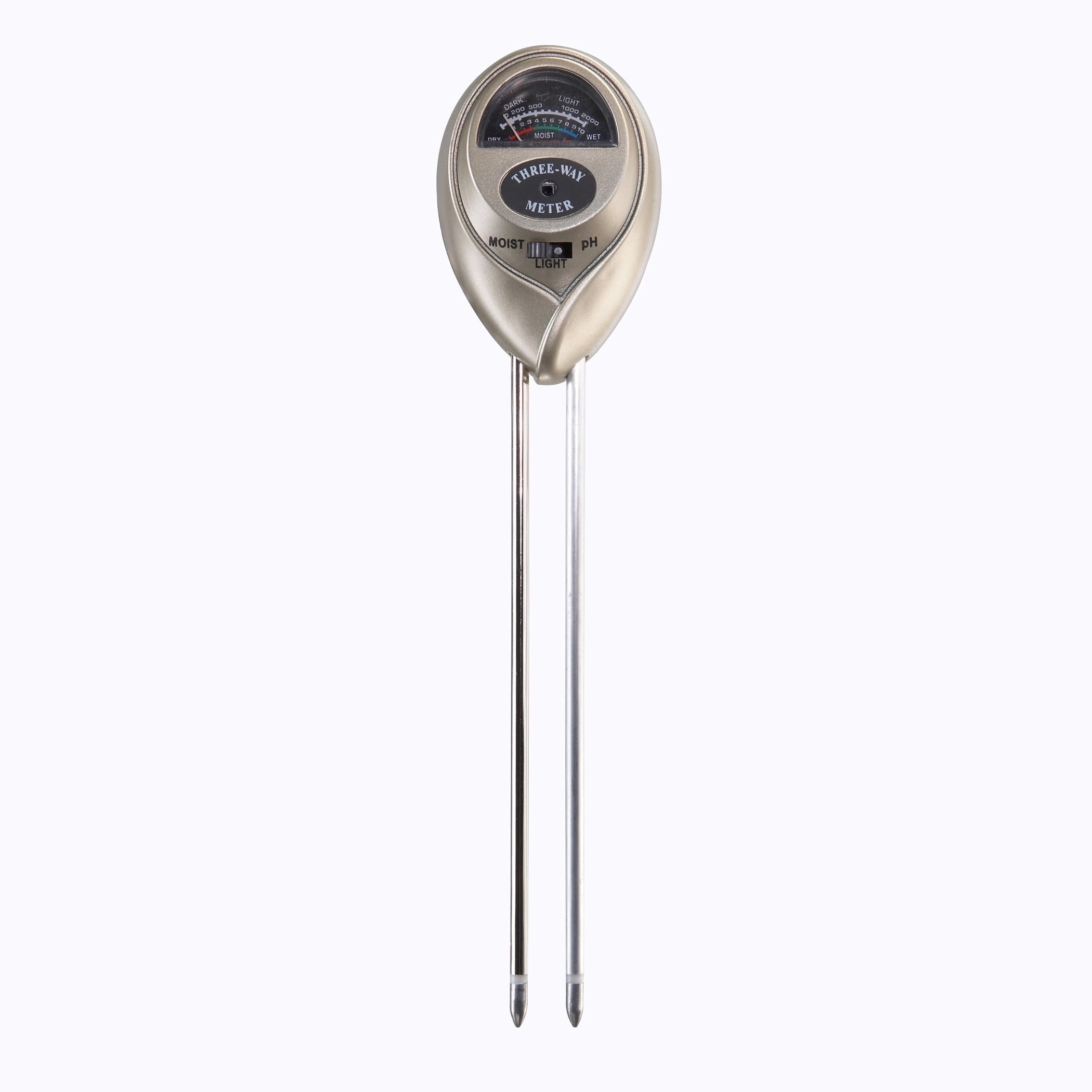 Gold and Silver Three-Way Soil Moisture, Light, and pH Meter