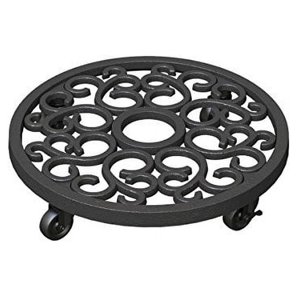 Black 12" Cast Iron Scroll Plant Caddy with Heavy-Duty Casters