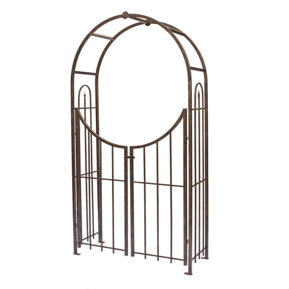 Panacea Arch Top Garden Arbor With Gate, Weatherproof Bronze Garden Arch Arbor, 90" Tall