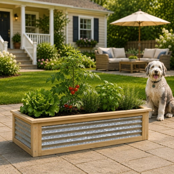 Panacea Cedar & Galvanized Steel Bottomless Planter, Large Galvanized Planter Box, 4'L